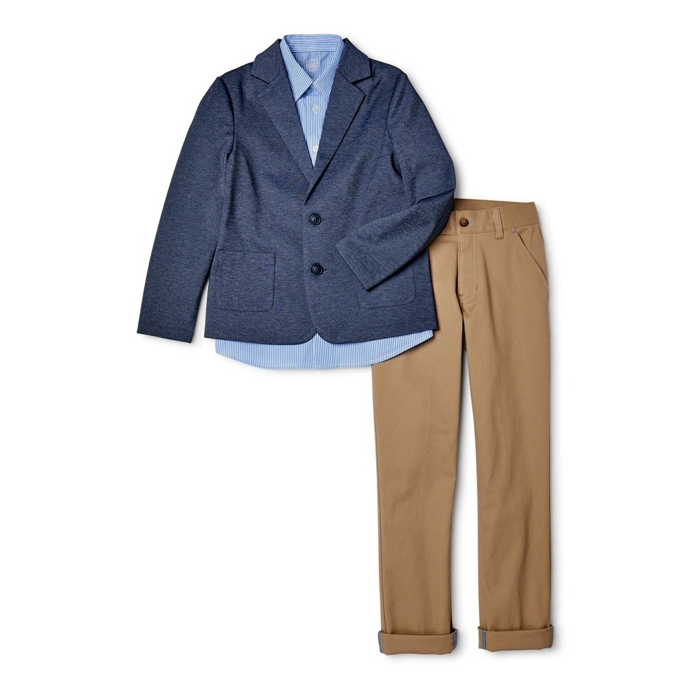 Wonder Nation Boys 3 Piece Suit Set Size 5 Blazer Shirt & Pants Blue Khaki Beige